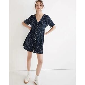 Madewell Silk Button Front Mini Dress In Twilight Blue Ditsy Floral Sz 4 Preppy